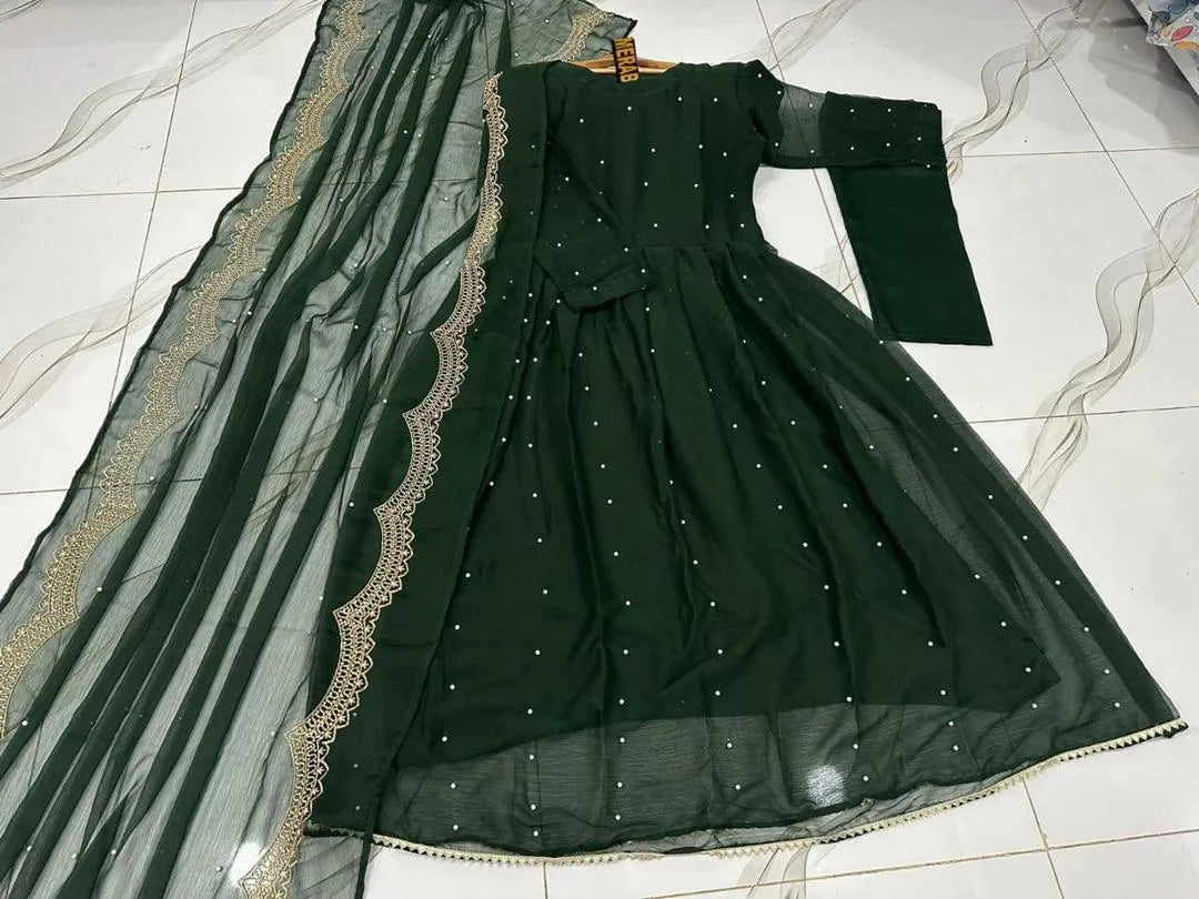 Green Embroidered Chiffon Maxi Suit for Women Wedding Party Wear
