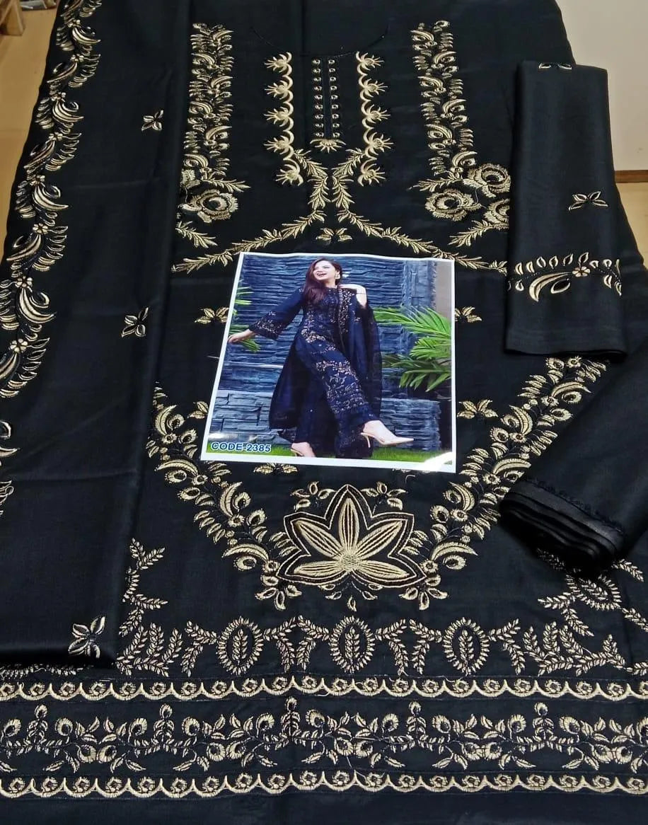 Black Embroidered Chiffon Suit for Women