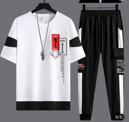 Men Black White Track Suit 2Pc Polyester Warm Weather