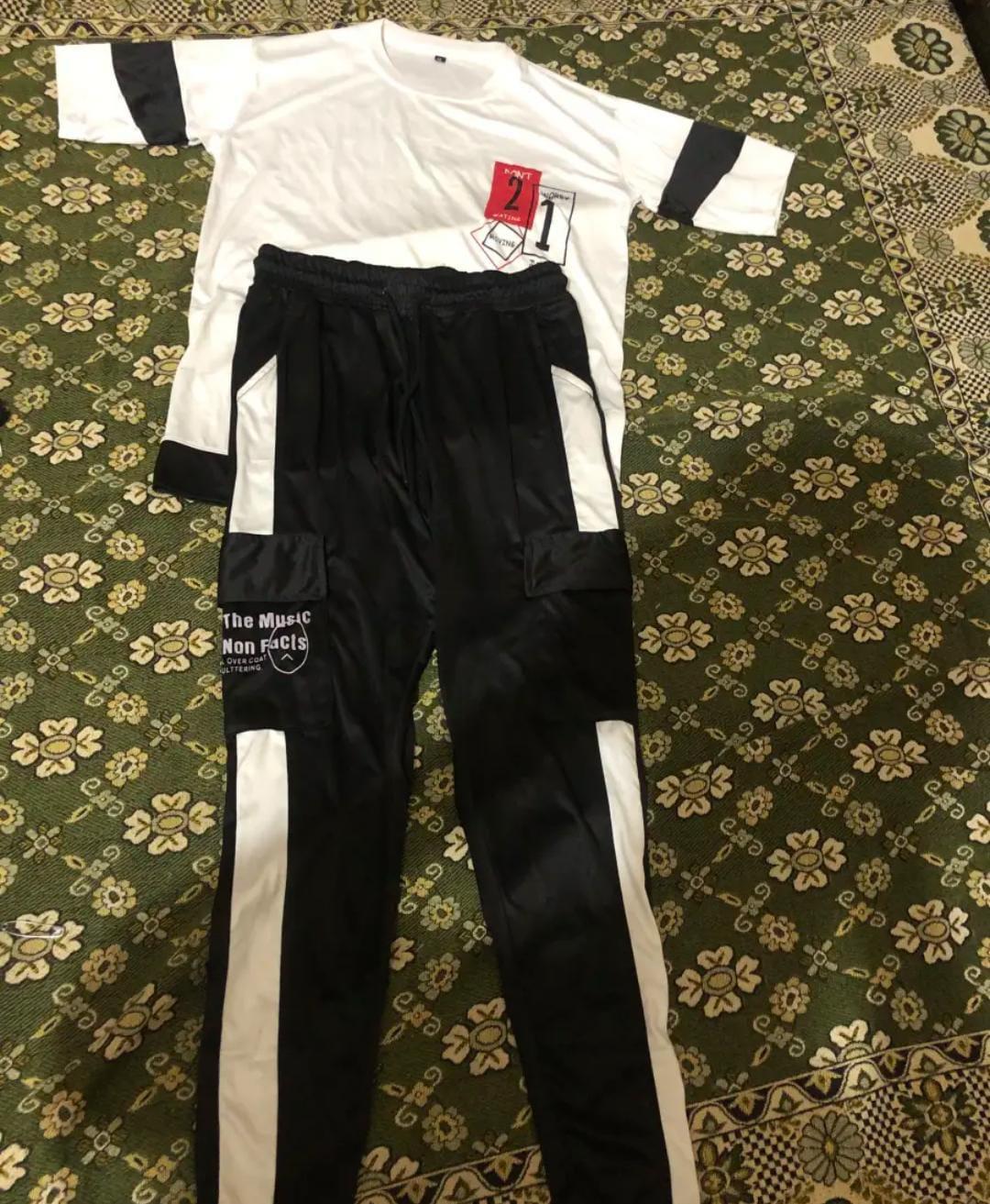 Men Black White Track Suit 2Pc Polyester Warm Weather