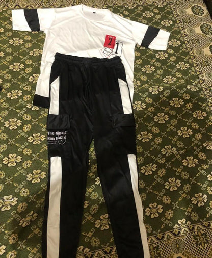 Men Black White Track Suit 2Pc Polyester Warm Weather