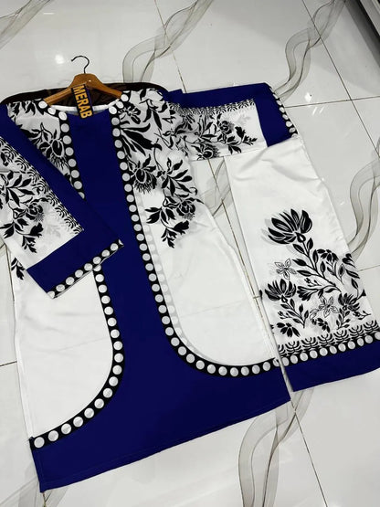 Women Swiss Lawn Printed Kurta Pant Set Blue Medium