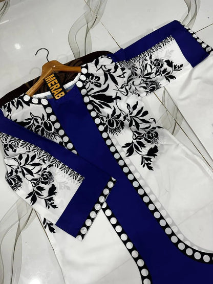 Women Swiss Lawn Printed Kurta Pant Set Blue Medium