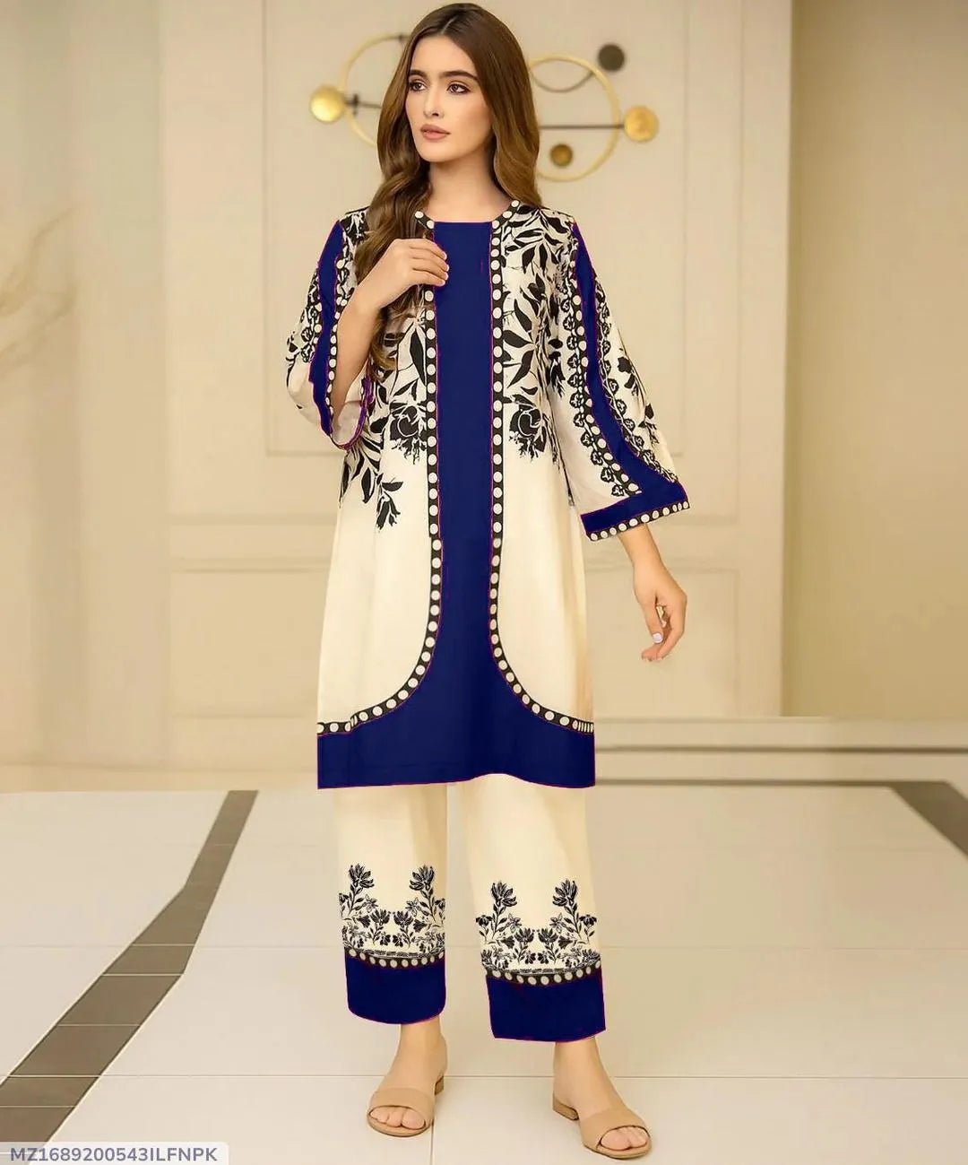 Women Swiss Lawn Printed Kurta Pant Set Blue Medium