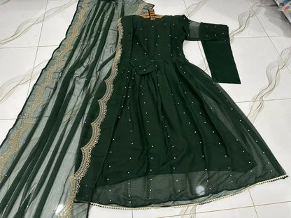 Green Embroidered Chiffon Maxi Suit for Women Wedding Party Wear