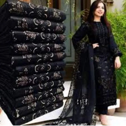 Black Embroidered Chiffon Suit for Women