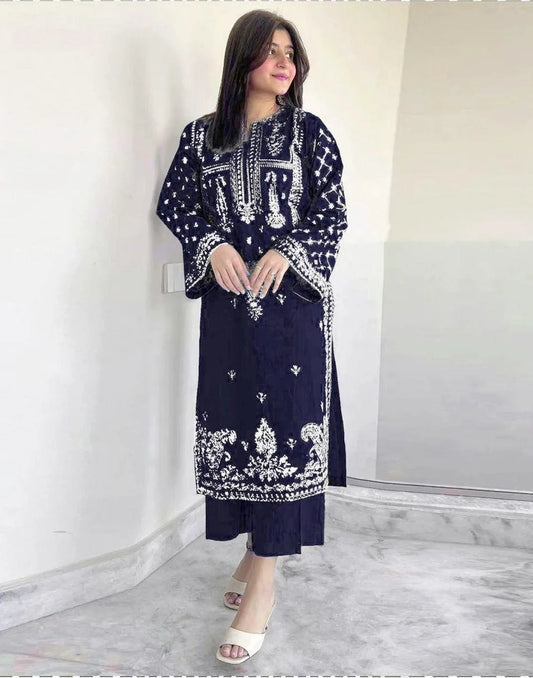 Women Embroidered Dhanak Suit Blue 2 Pcs