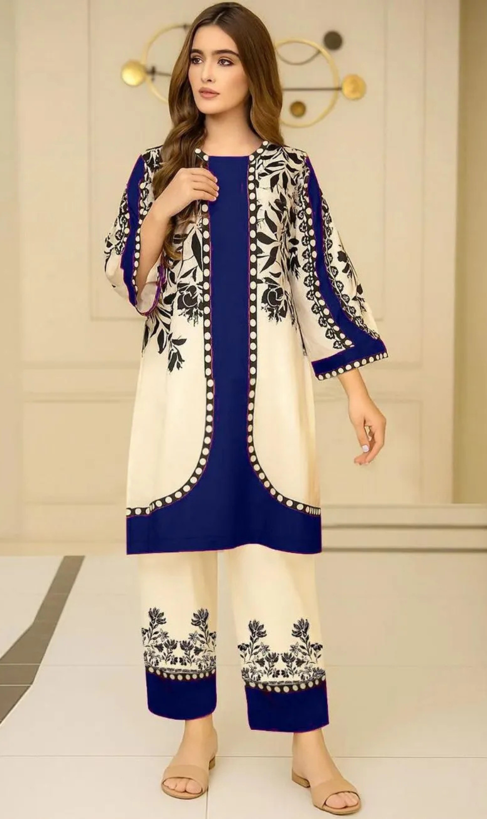 Women Swiss Lawn Printed Kurta Pant Set Blue Medium
