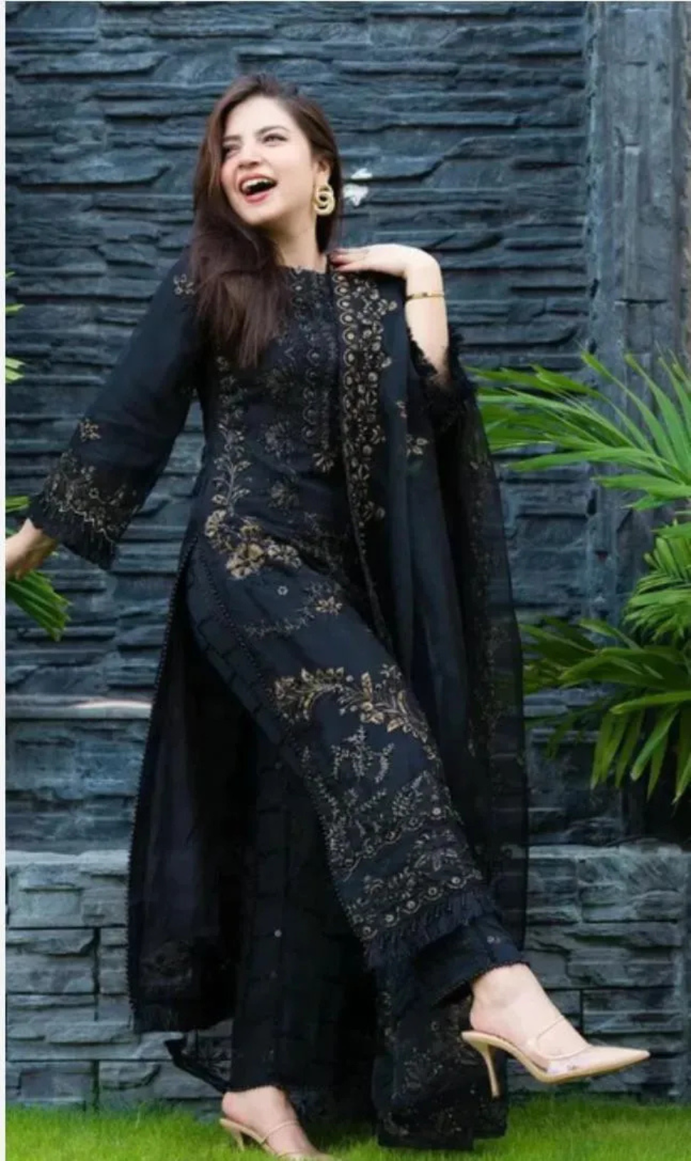 Black Embroidered Chiffon Suit for Women
