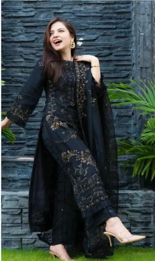 Black Embroidered Chiffon Suit for Women